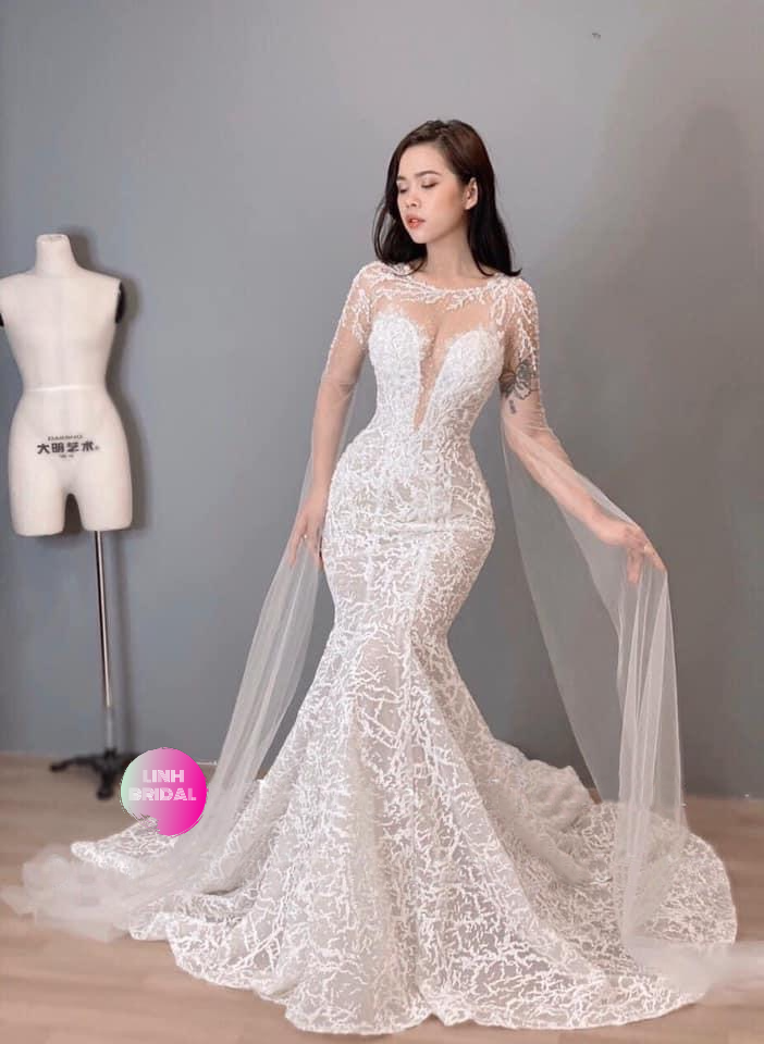 Beautiful white deep V neck lace fishtail/mermaid wedding