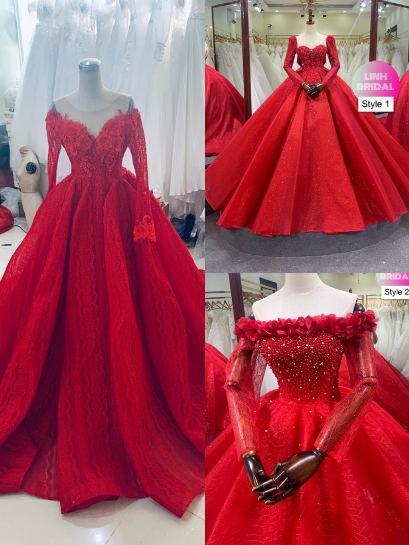 Red lace long sleeves sweetheart or straight neckline ball gown wedding ...