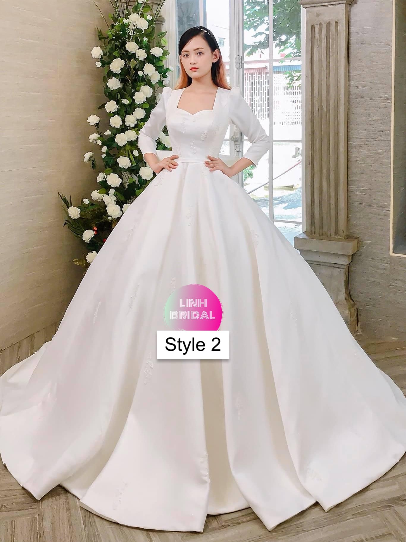 Off-the-Shoulder Satin Wedding Dress with Detachable Sweep Train — Bridelily