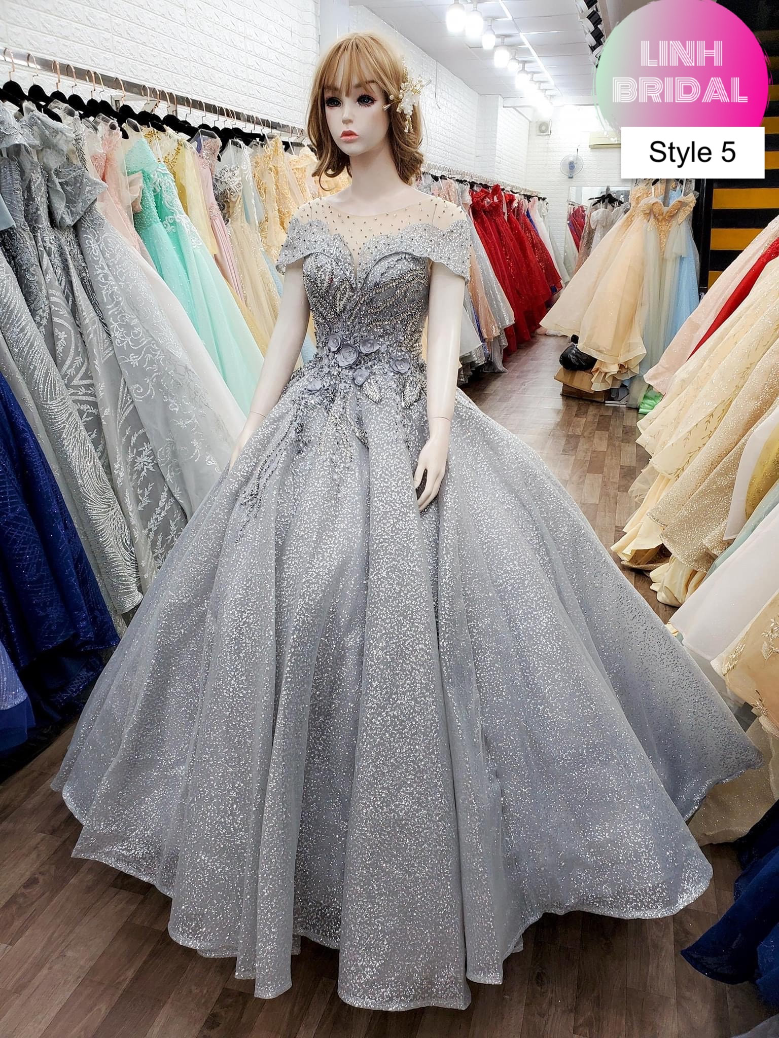 Cap Sleeve Grey Lace Organza Engagement Ball Gown - Xdressy