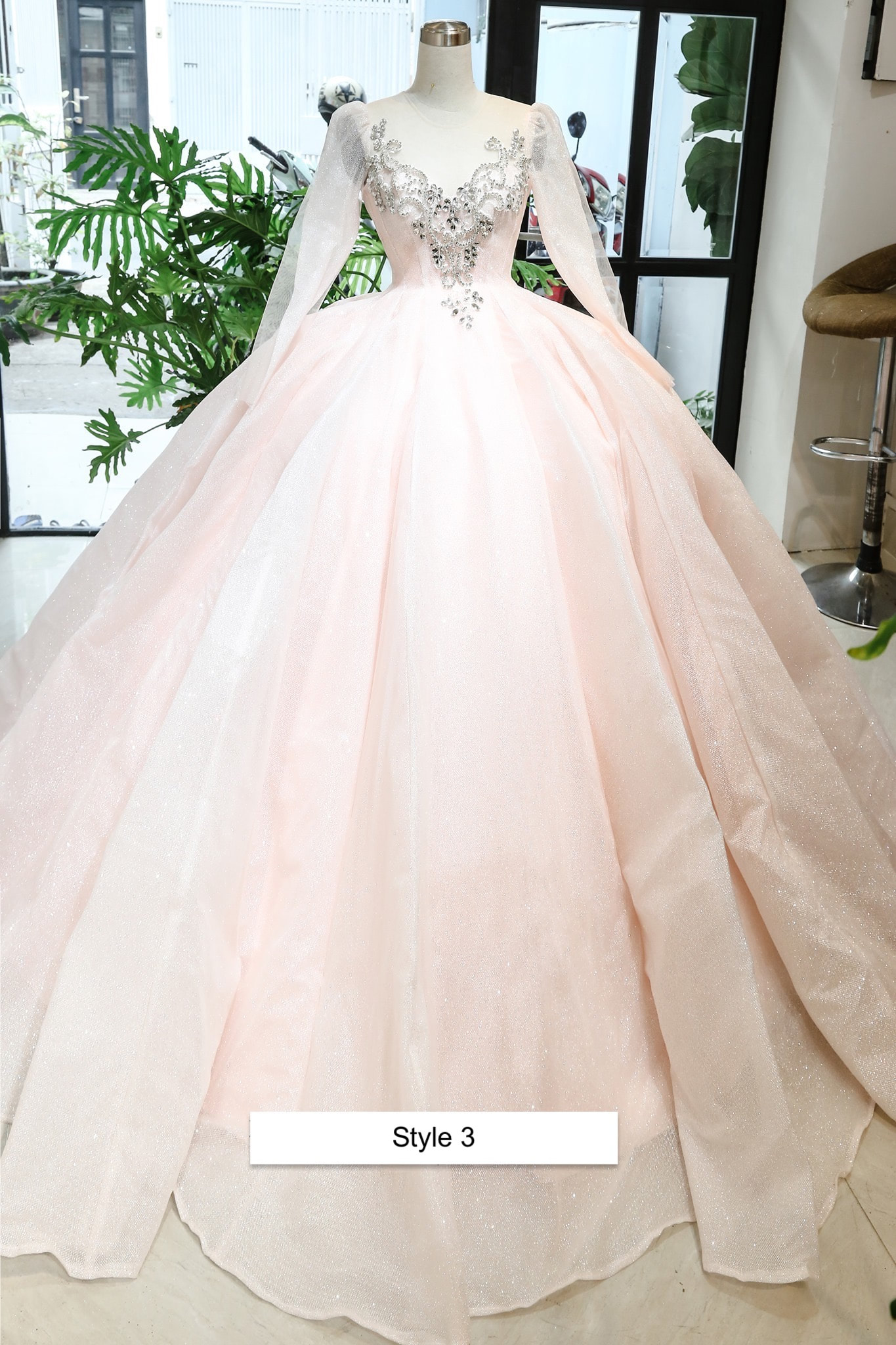 light pink ball gown with sleeves
