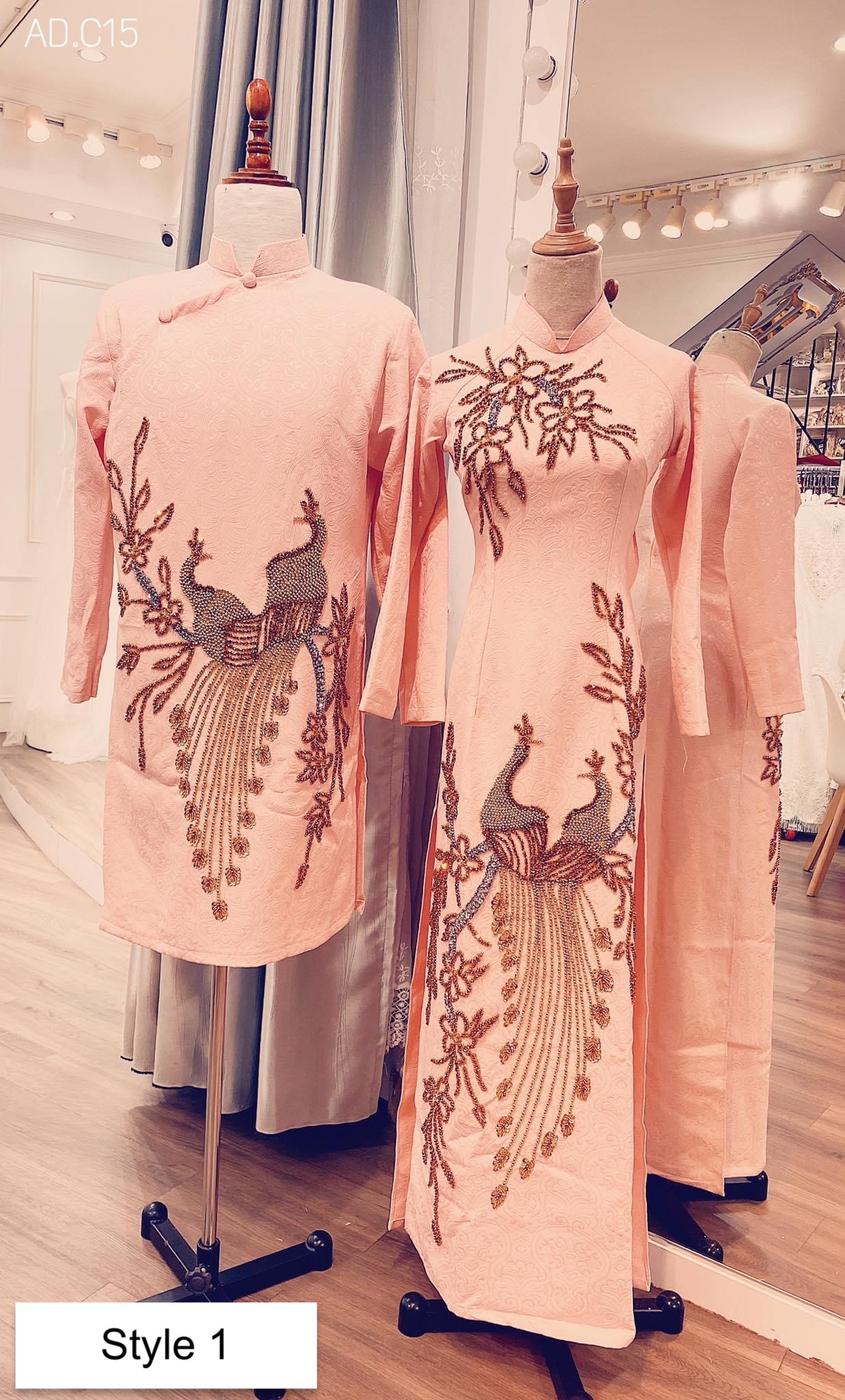 Nude pink Vietnamese Wedding Ao Dai in jacquard with 