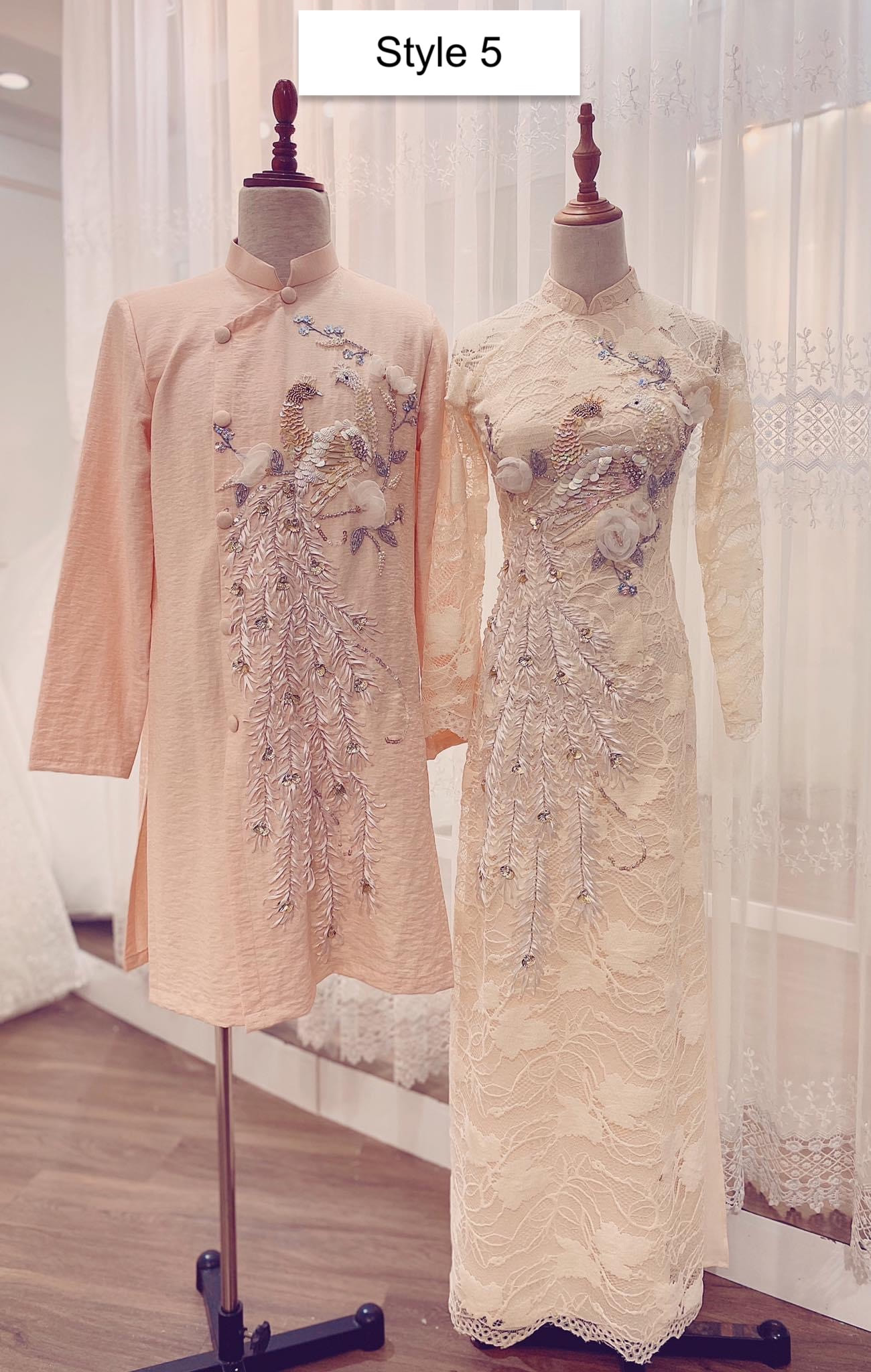 Traditional pink Vietnamese Wedding Ao Dai in jacquard or 