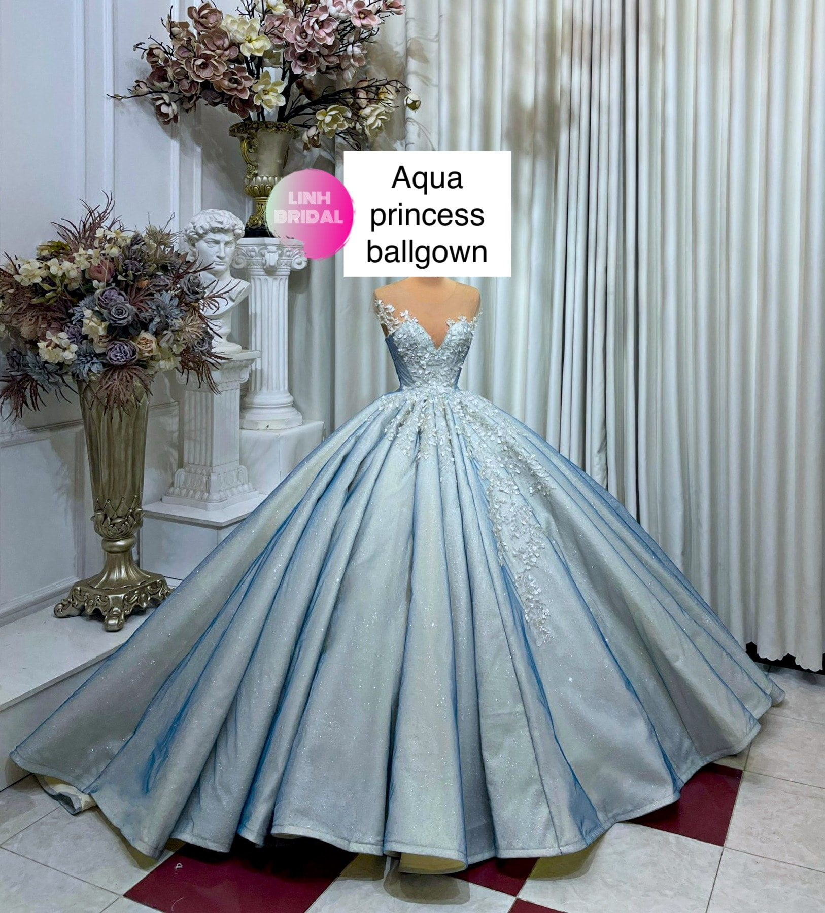 Light Blue Princess Wedding Dress With Lace Bodice and Tulle Ball Gown   ieie Bridal