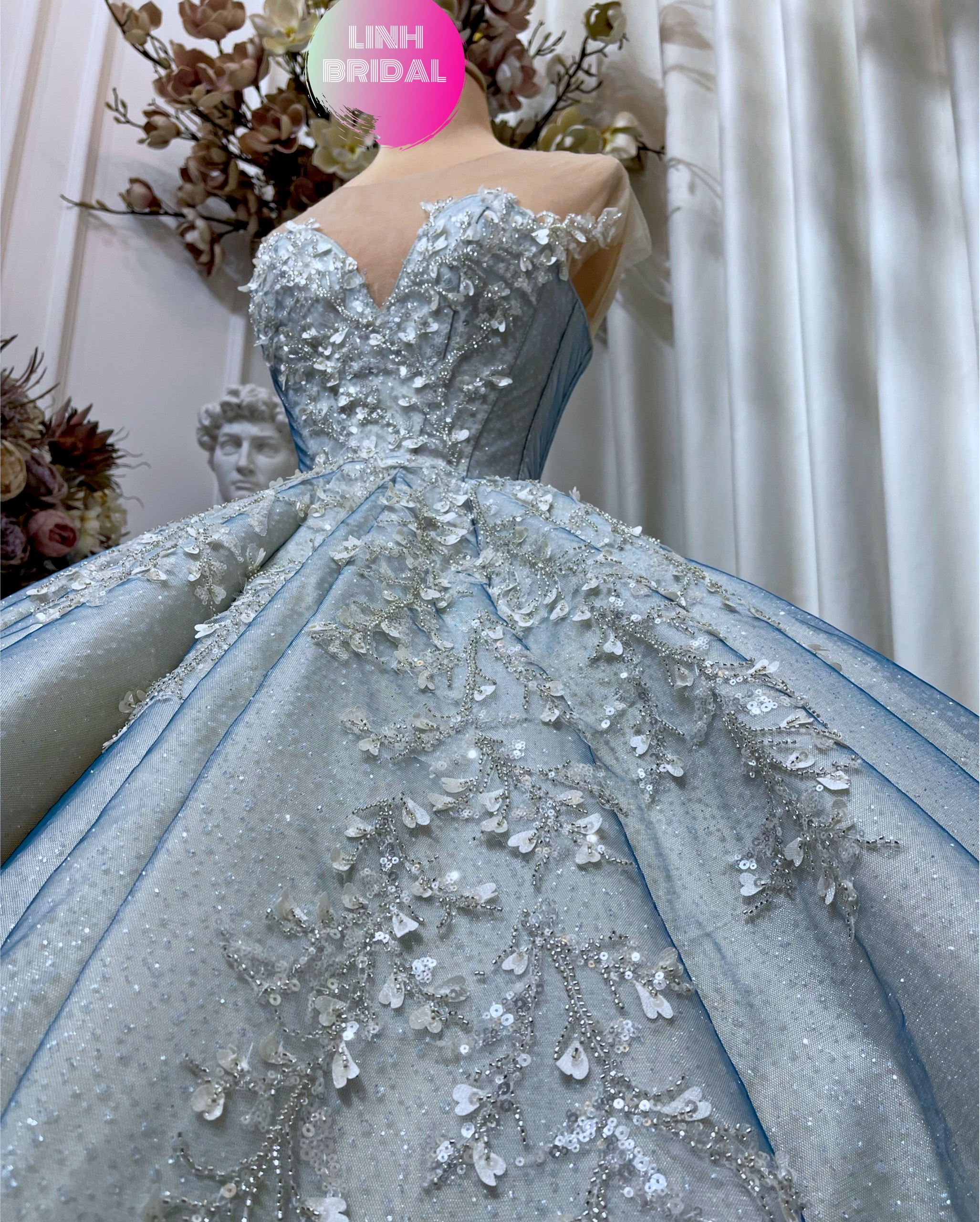 Custom Made Pale Blue Chiffon Boho Wedding Dress with slit