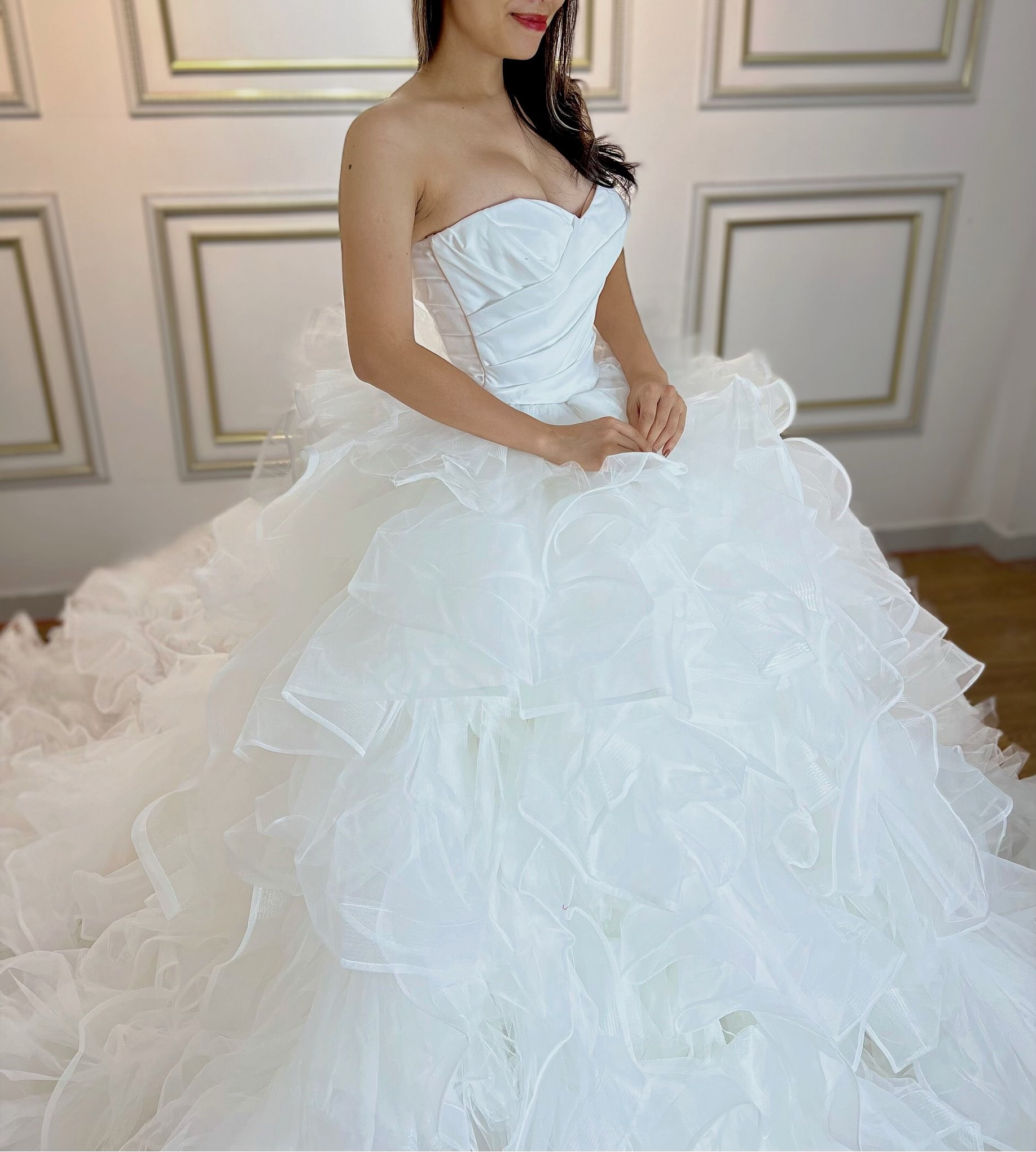 Unique layered ruffled tulle skirt sweetheart neck off the shoulder ...