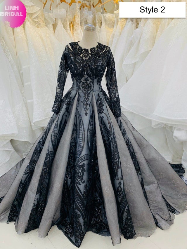 Black sequin sparkly long or short sleeve alternative unique ball gown ...