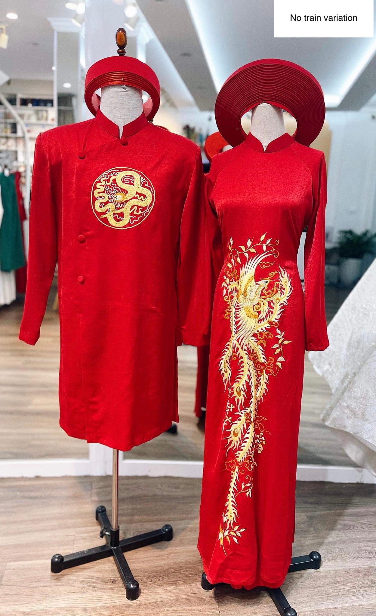 Traditional Vietnamese Wedding Ao Dai in red with gold printed patterns  dragons/phoenix - optional head piece - couple or single