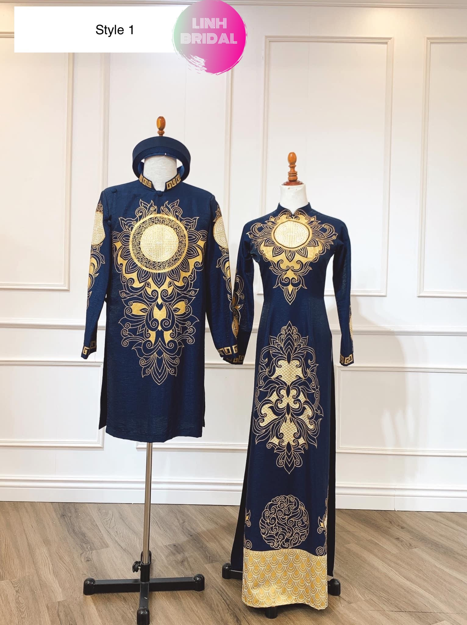 Blue/Navy Vietnamese Wedding Ao Dai with hand drawn or embroidered