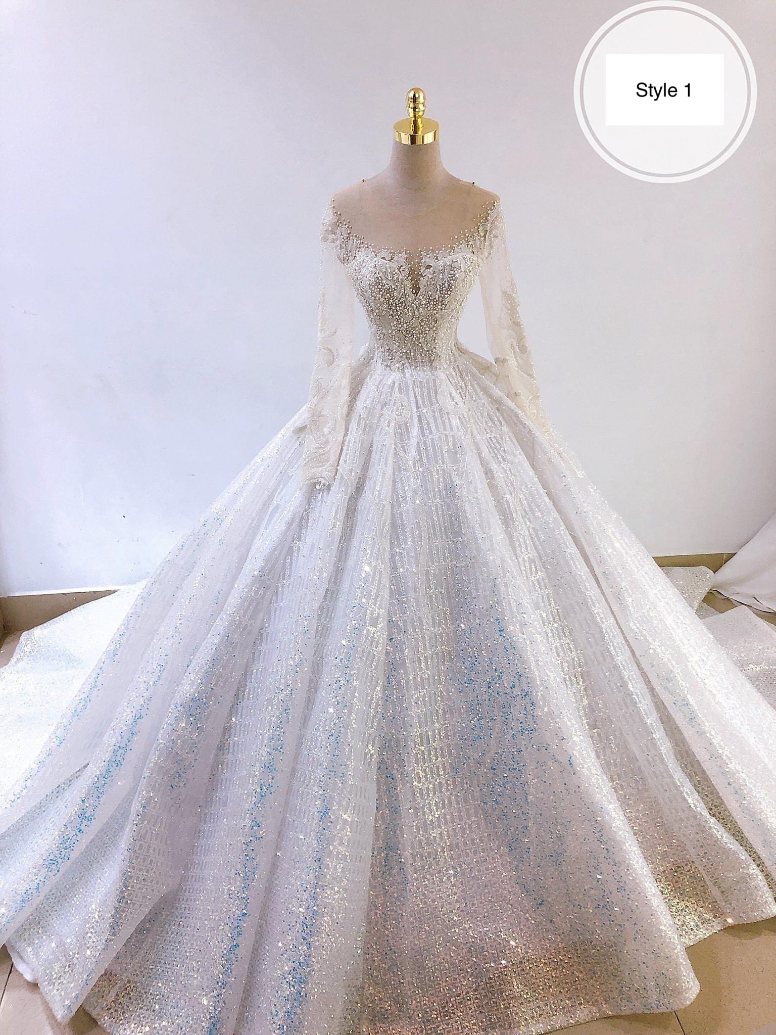 Luminous princess white sparkle beaded lace bodice long