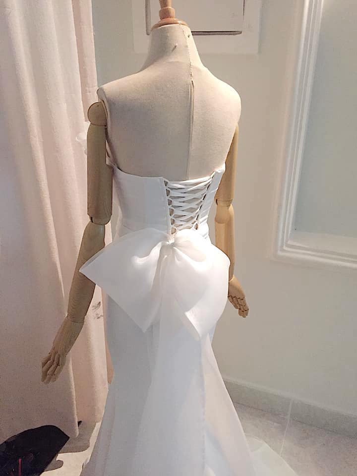 Simple white ruched satin trumpet wedding dress with