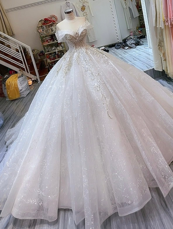 Queen style sleeves sparkly beaded bodice white ballgown wedding dress ...
