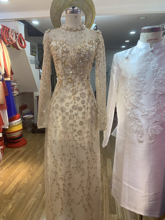 Nude gold/cream Vietnamese Wedding Ao Dai with sparkly beadings and ...