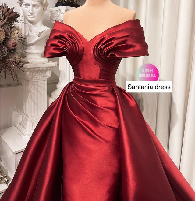 Hot red Off the shoulder satin split thigh mermaid wedding dress with ...