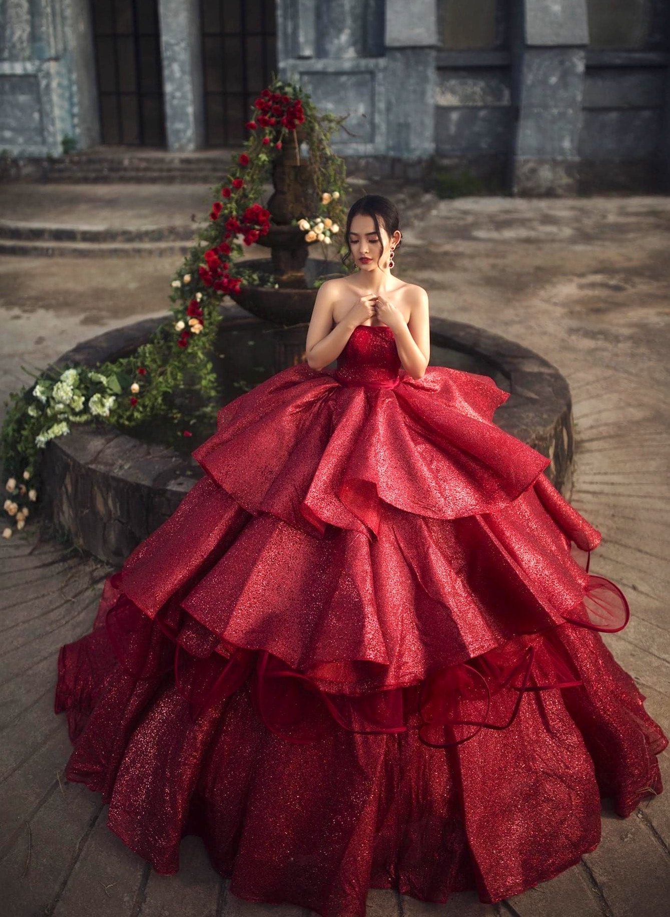 Red Floral Princess Dress Wedding Ball Gown 66878 Long Sleeve – Viniodress