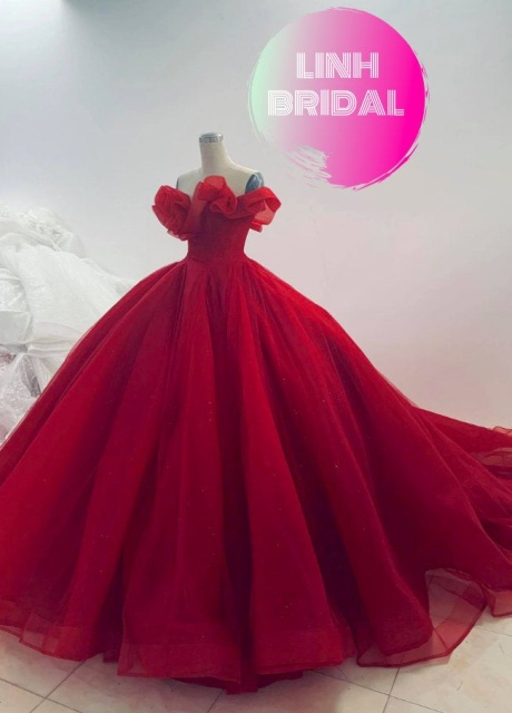 Bright red off the shoulder full tulle wedding ball gown dress ...