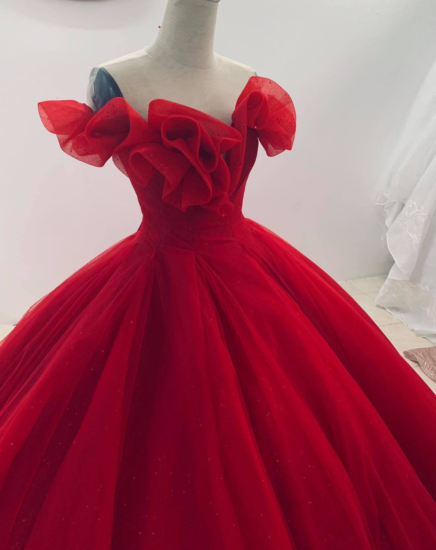 Bright red off the shoulder full tulle wedding ball gown