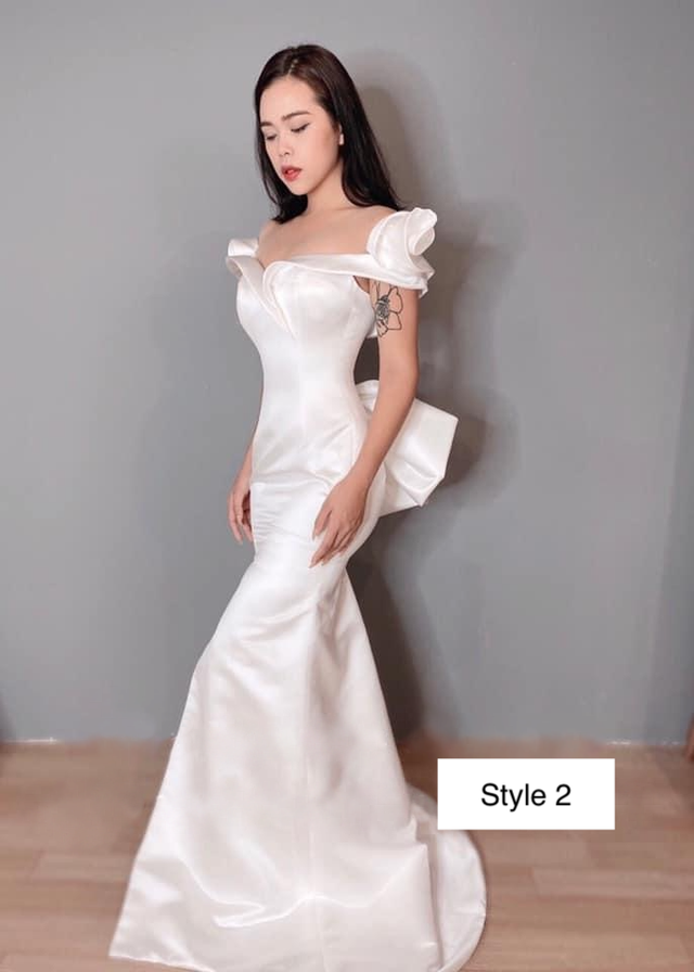 Ruffled shoulders/sleeves white satin split thigh mermaid wedding dress ...