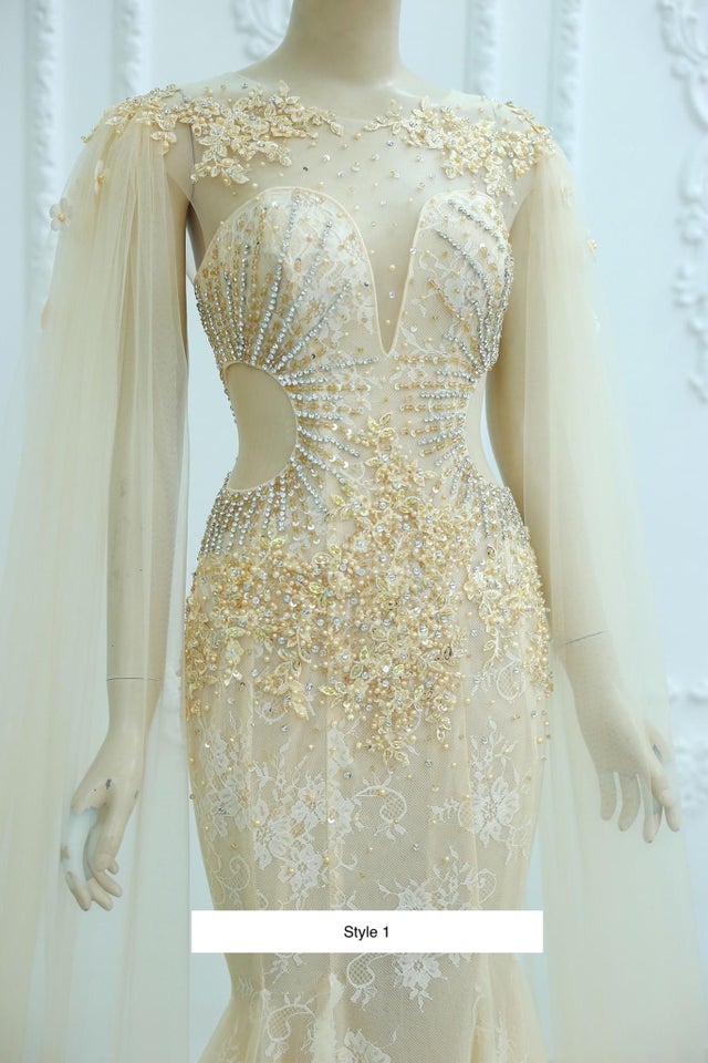 Sexy nude gold beaded bodice trumpet wedding/evening dress with watteau ...