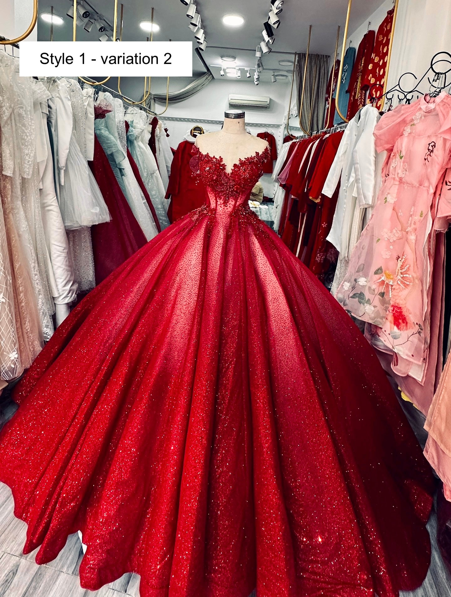 Cherry red lace applique long sleeves illusion V neck ball gown wedding  dress with chapel train - various styles