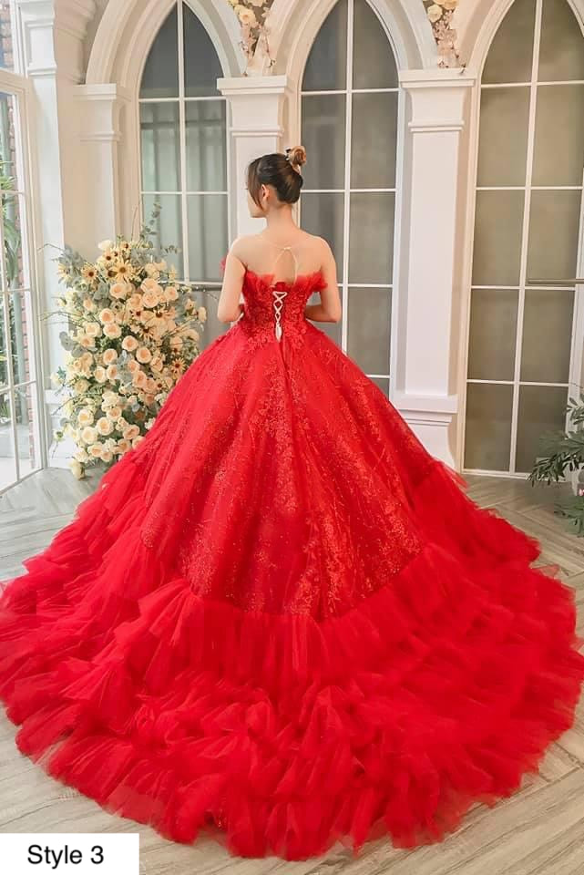 Wondrous red lace tiered skirt ball gown wedding/prom dress with ...